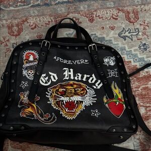 Ed Hardy Black Duffel Bag with Vibrant Graphics